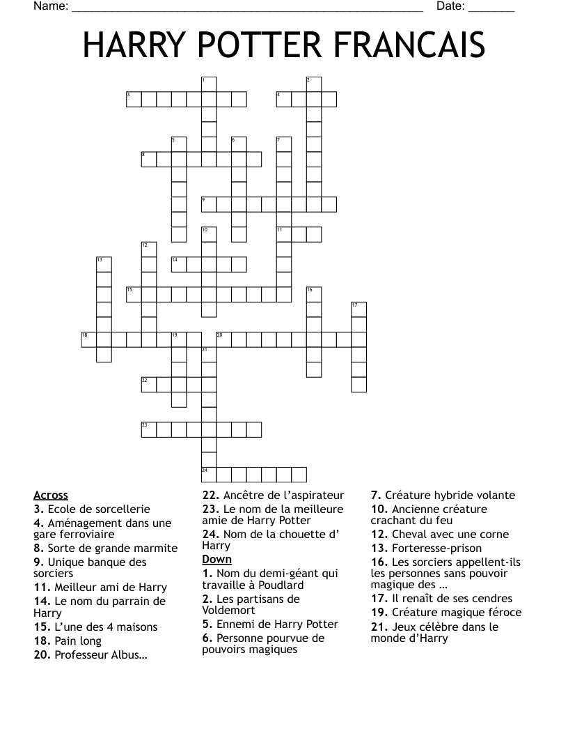 HARRY POTTER FRANCAIS Crossword