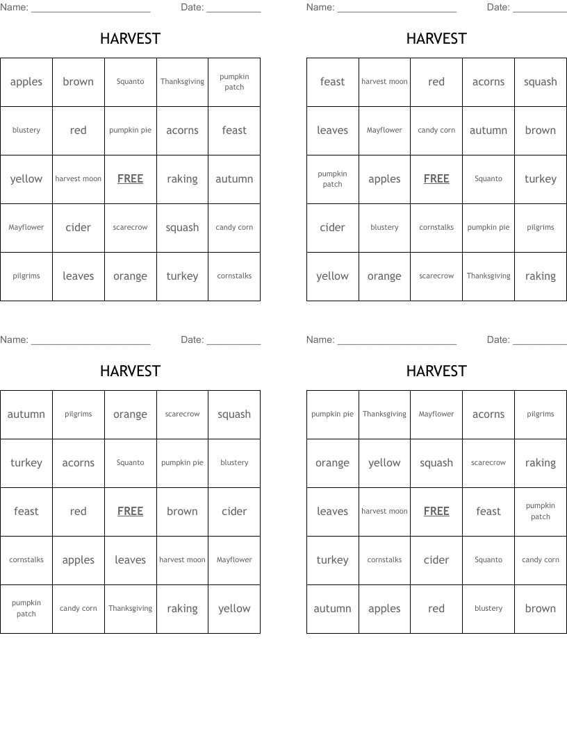 HARVEST Bingo Cards