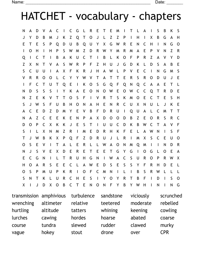HATCHET - vocabulary - chapters Word Search