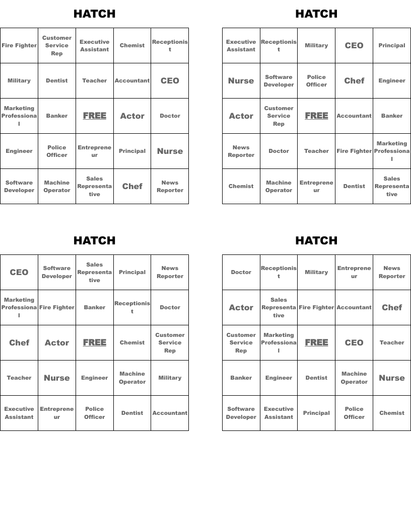 HATCH  Bingo Cards