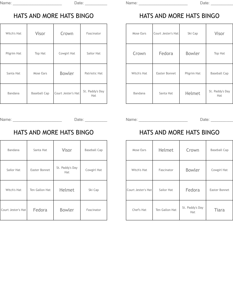HATS AND MORE HATS  BINGO