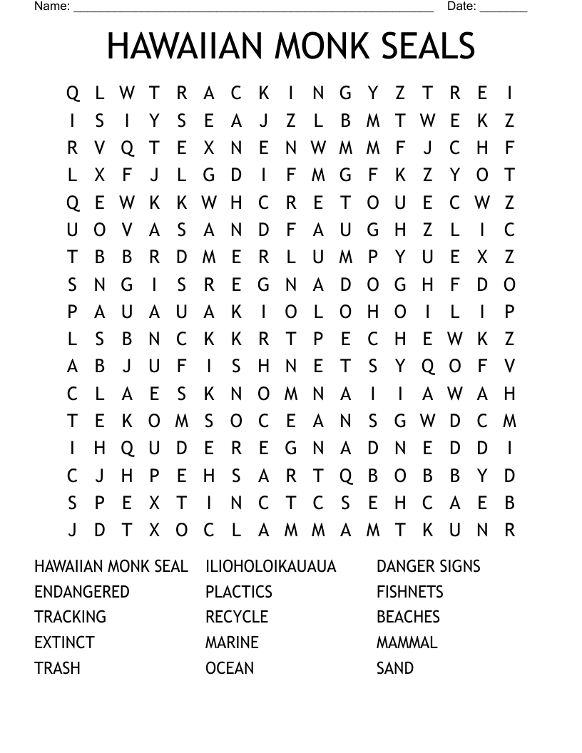 HAWAIIAN MONK SEALS Word Search