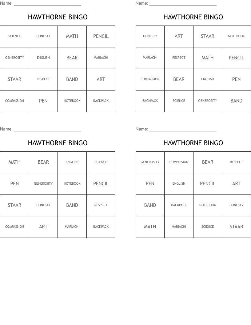 HAWTHORNE BINGO