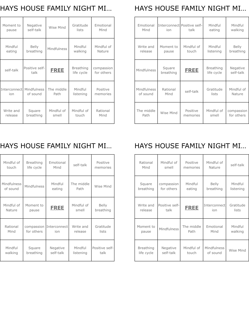 HAYS HOUSE FAMILY NIGHT MINDFULNESS BINGO 