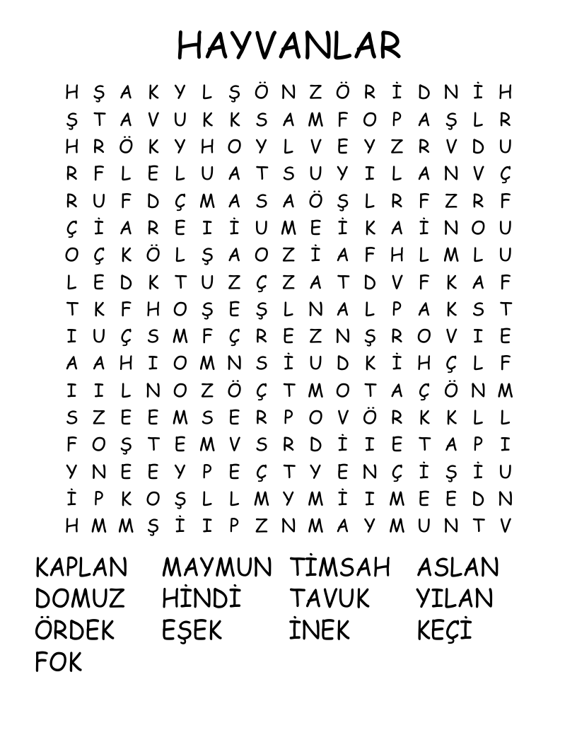HAYVANLAR Word Search