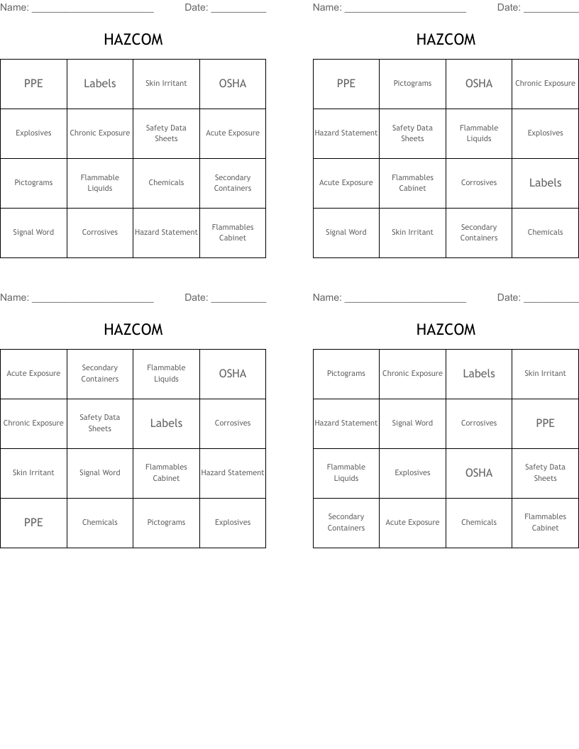 HAZCOM Bingo Cards