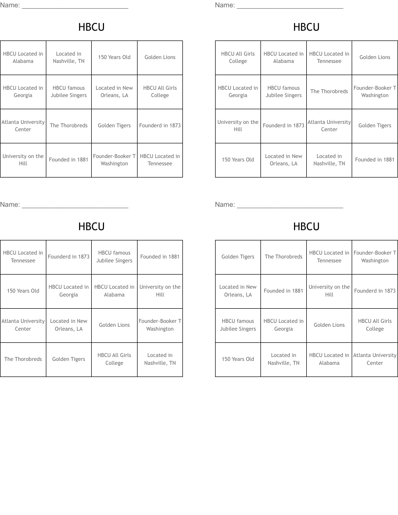 HBCU Bingo Cards