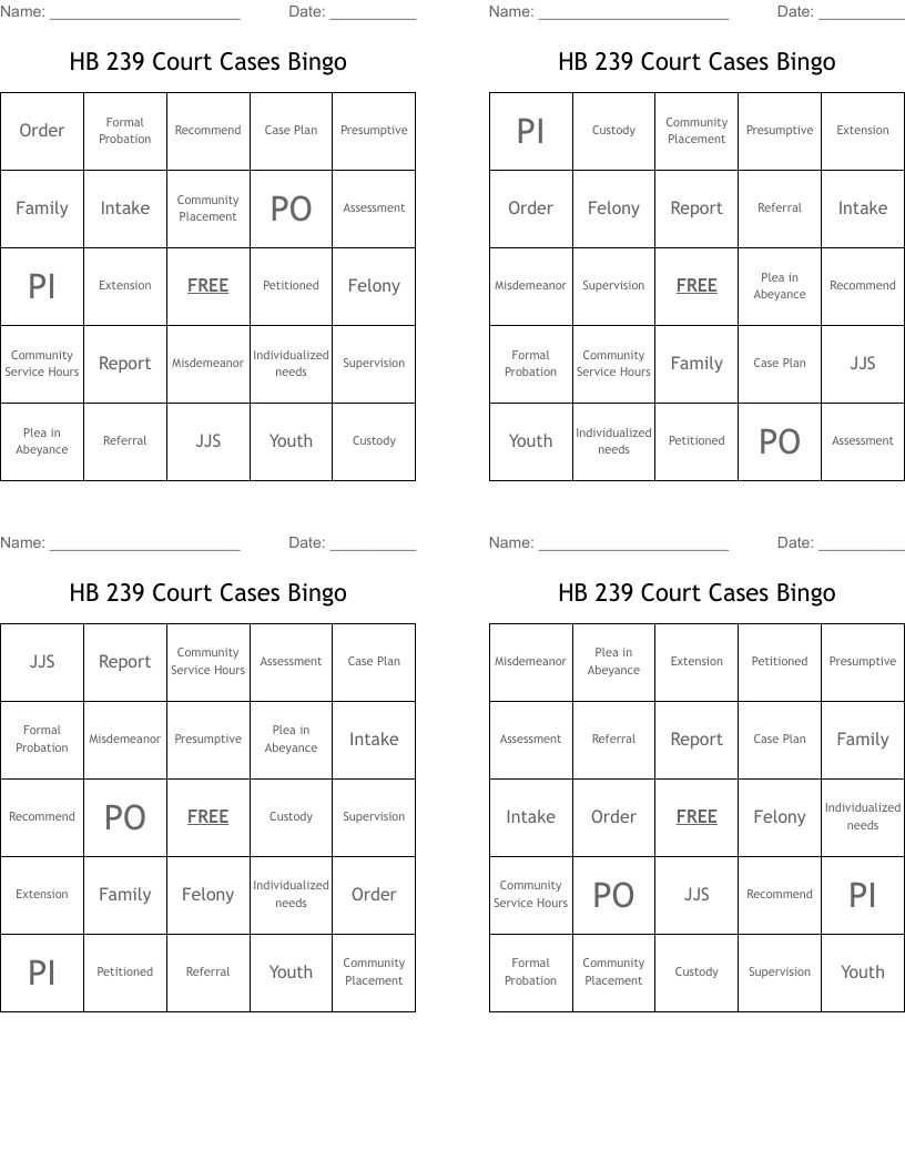 HB 239 Court Cases Bingo