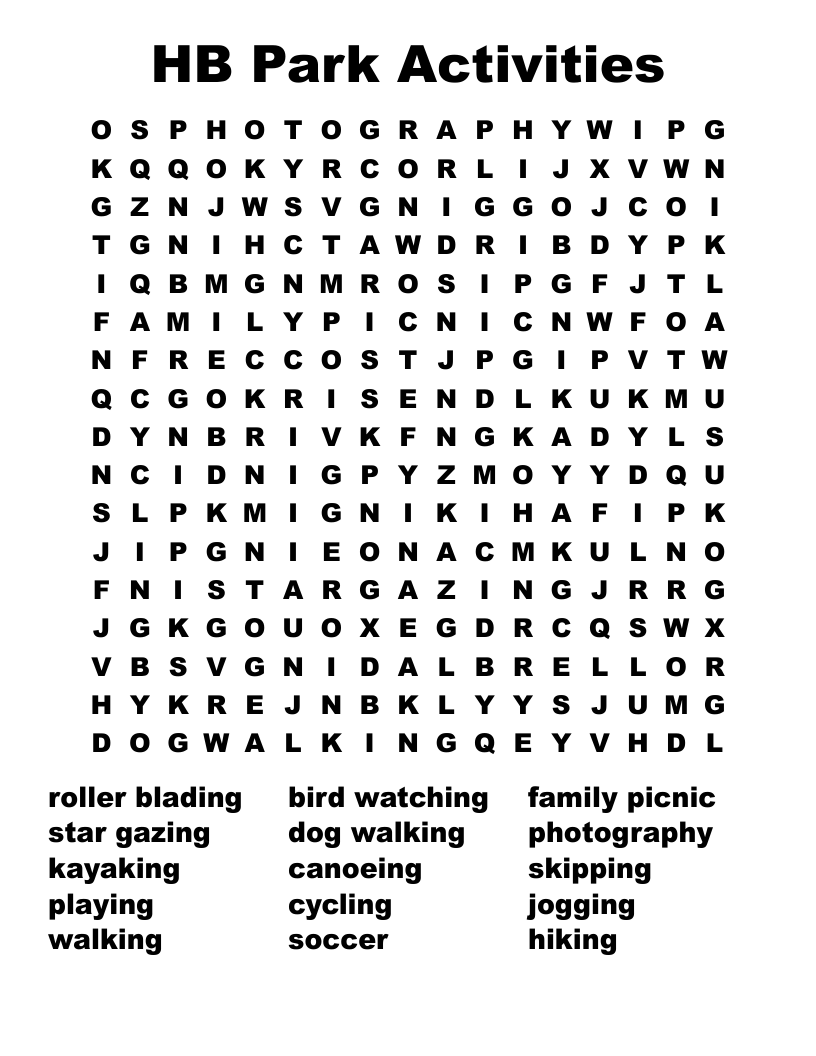 HB Park Activities Word Search