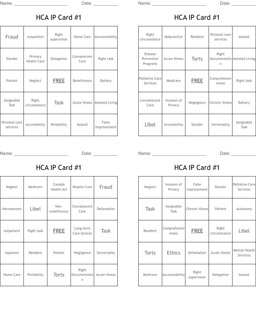 HCA IP Card #1 Bingo Cards