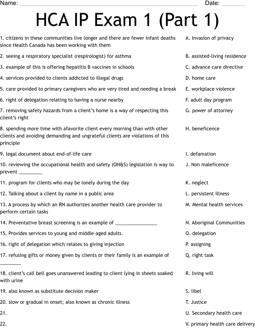 HCA IP Exam 1 (Part 1) Worksheet