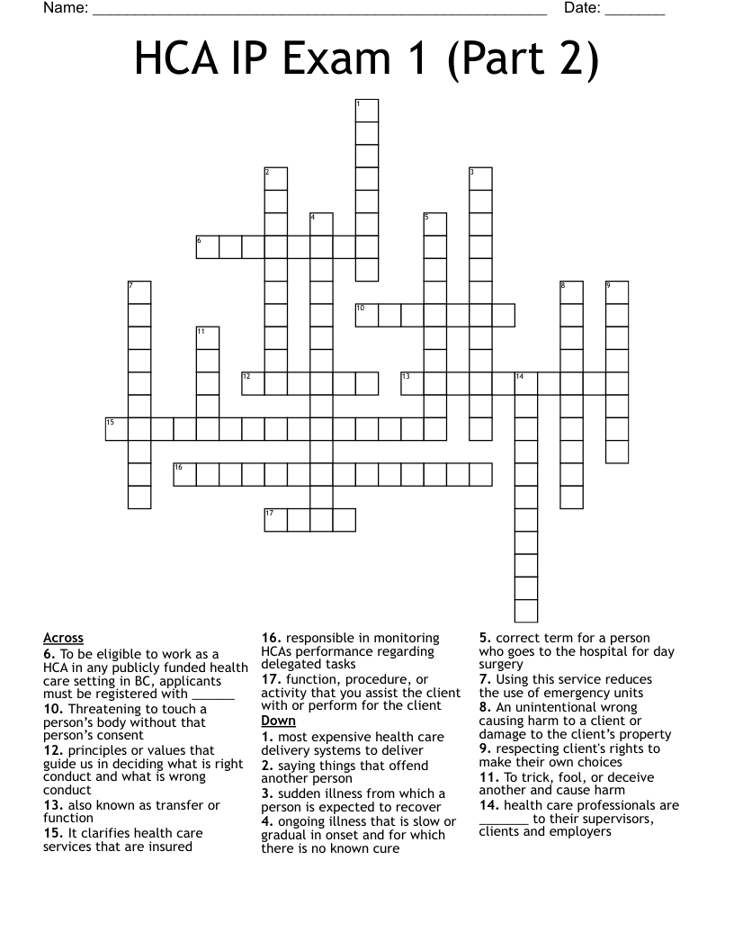 HCA IP Exam 1 (Part 2) Crossword