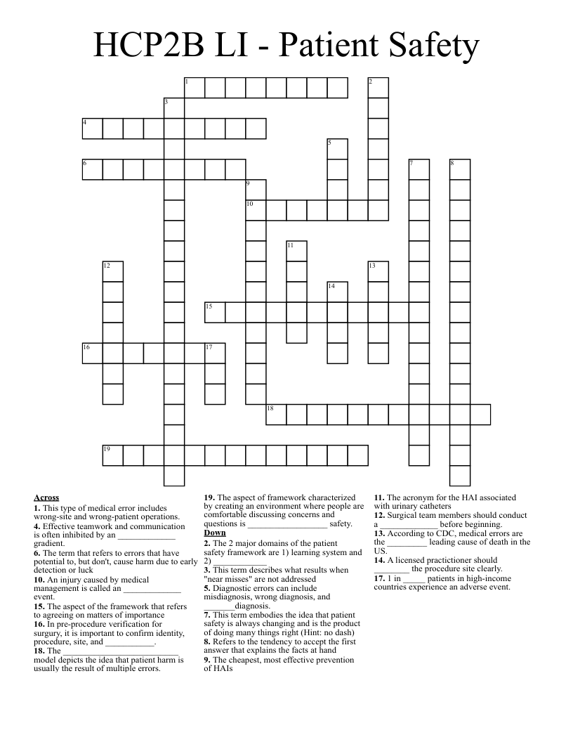 HCP2B LI - Patient Safety Crossword