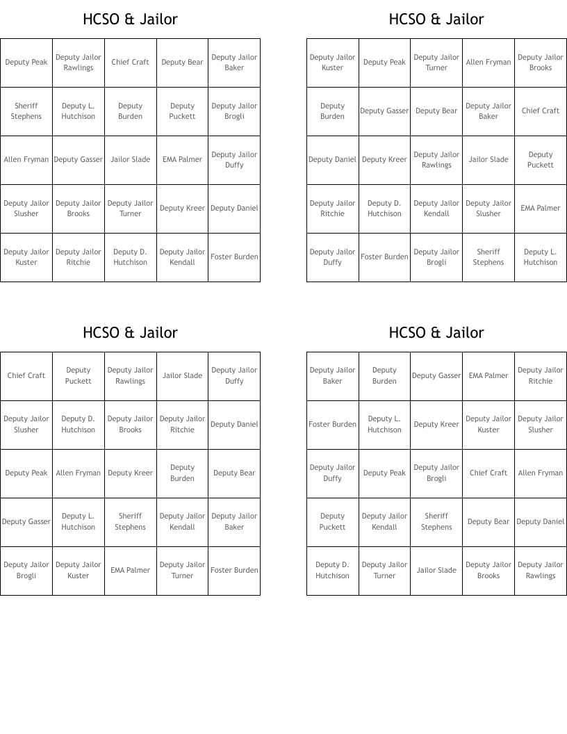 HCSO & Jailor Bingo Cards
