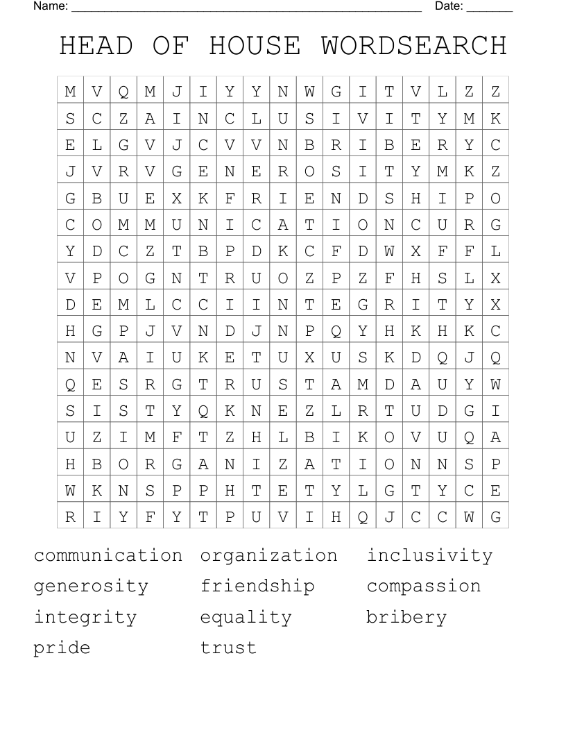 HEAD OF HOUSE WORDSEARCH