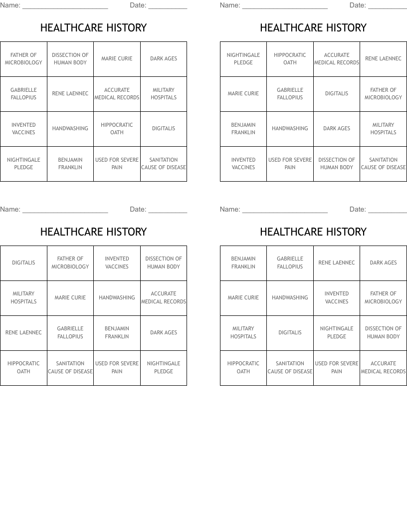 HEALTHCARE HISTORY Bingo Cards