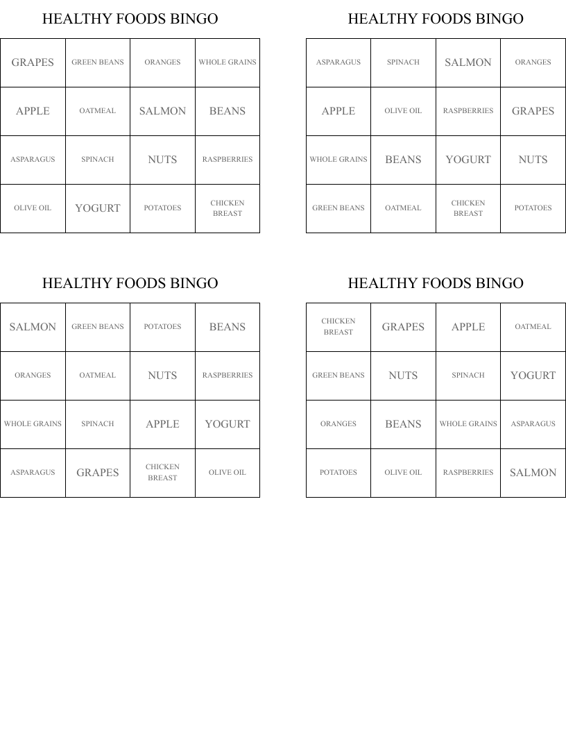HEALTHY FOODS BINGO