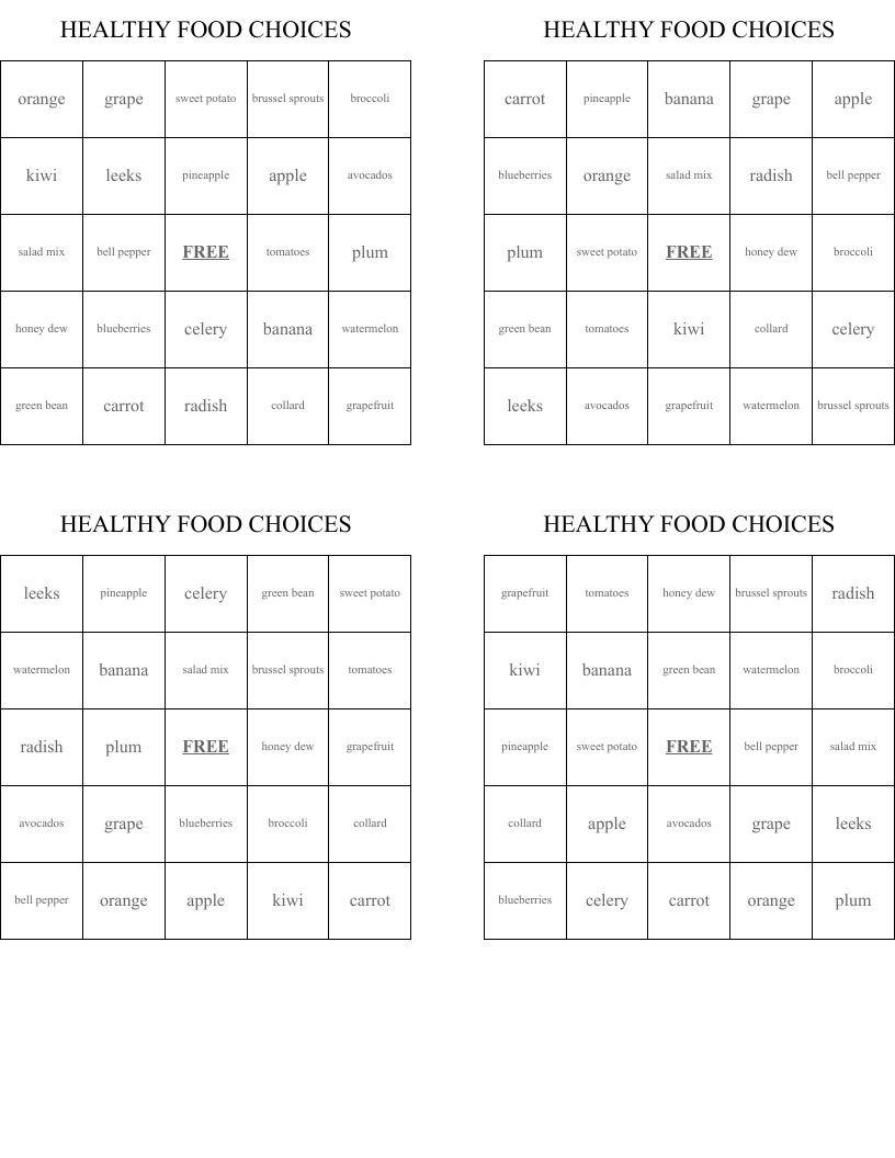 HEALTHY FOOD CHOICES Bingo Cards