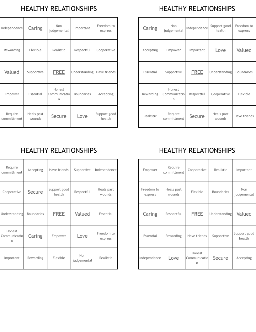 HEALTHY RELATIONSHIPS Bingo Cards