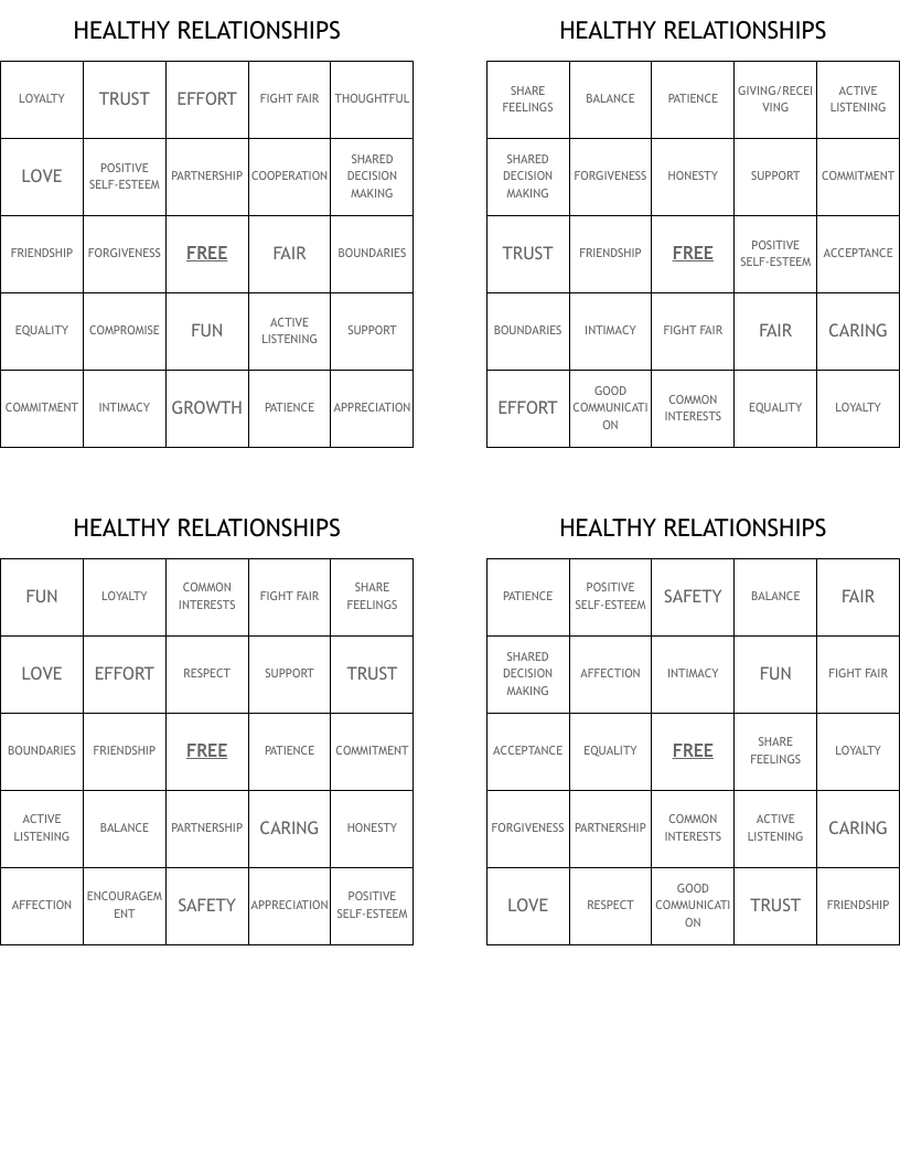 HEALTHY RELATIONSHIPS Bingo Cards