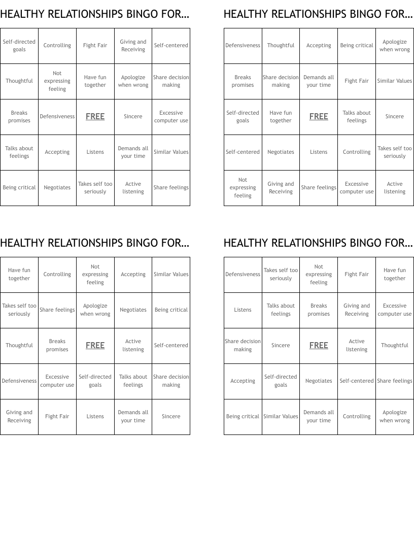HEALTHY RELATIONSHIPS BINGO FOR TEENS