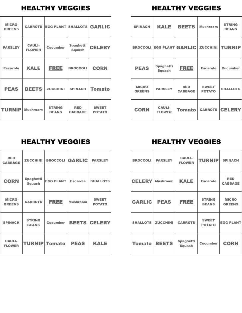 HEALTHY VEGGIES Bingo Cards