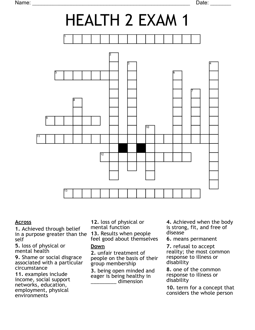 HEALTH 2 EXAM 1 Crossword