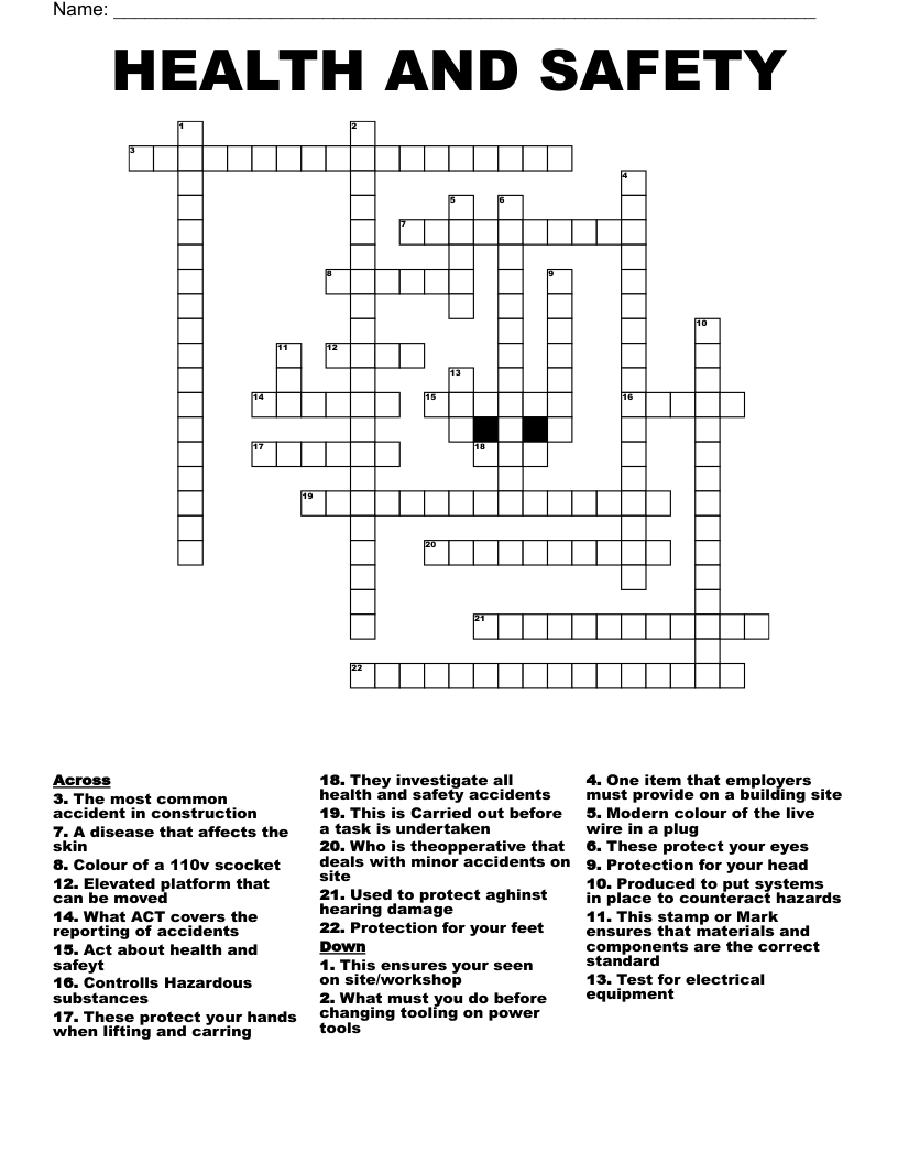 HEALTH AND SAFETY Crossword