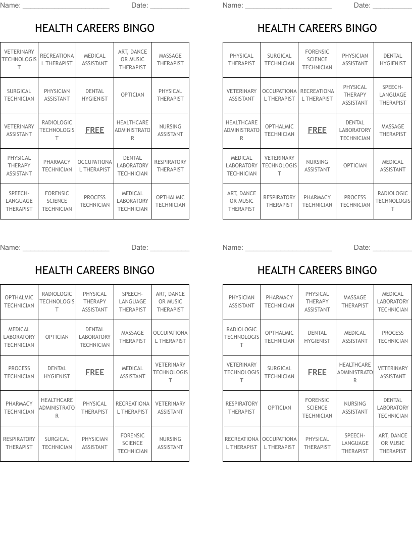 HEALTH CAREERS BINGO