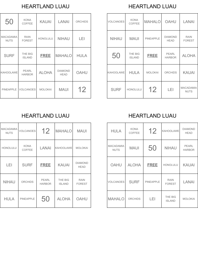 HEARTLAND LUAU Bingo Cards