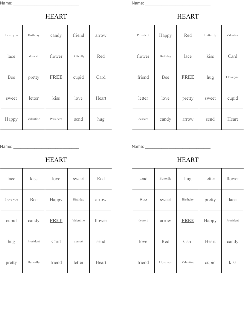 HEART Bingo Cards
