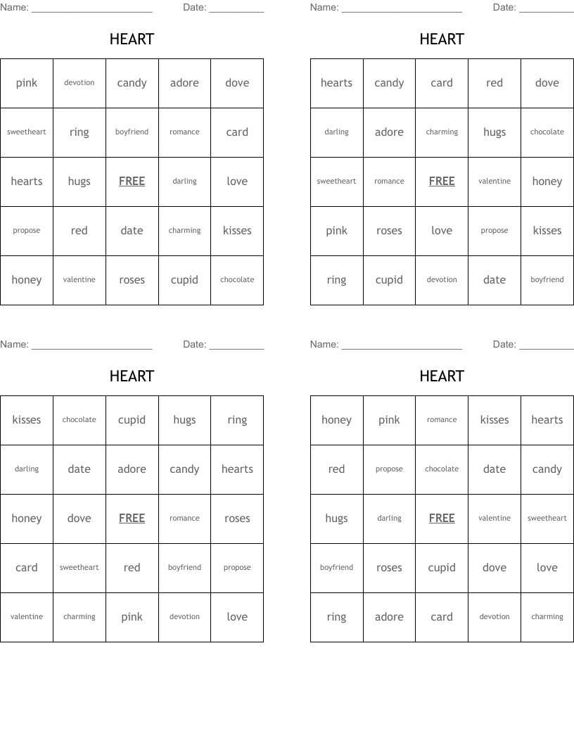 HEART Bingo Cards