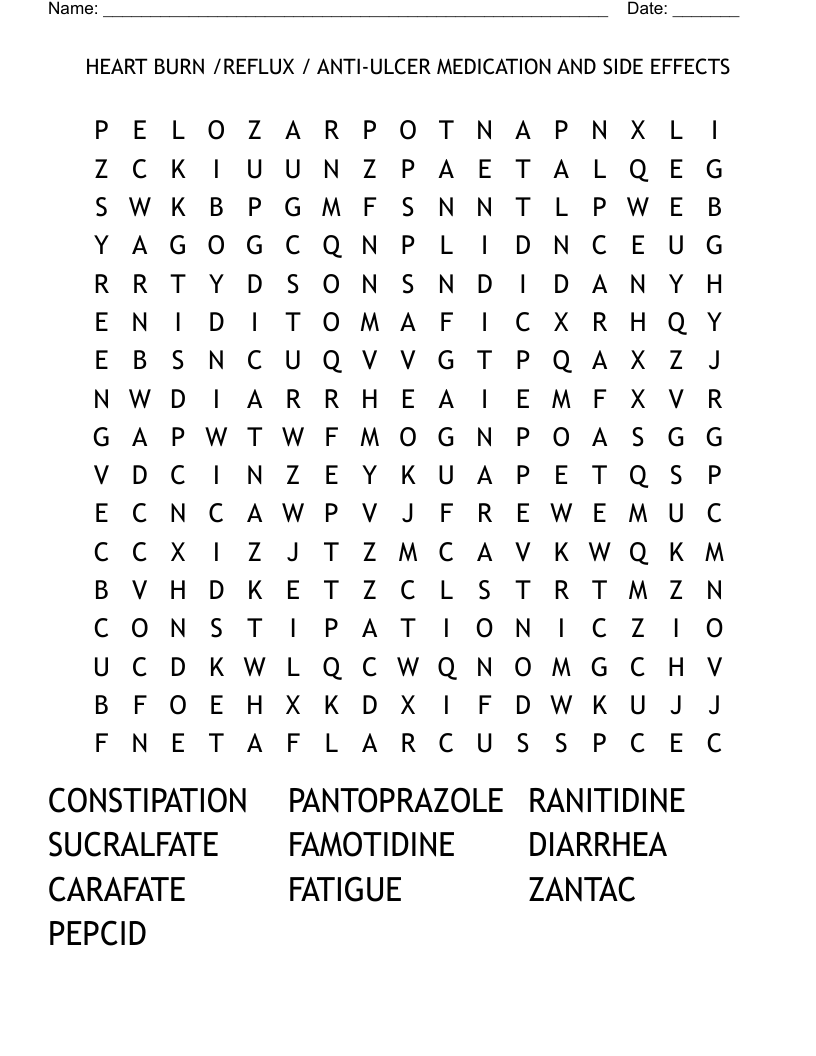HEART BURN /REFLUX / ANTI-ULCER MEDICATION AND SIDE EFFECTS Word Search