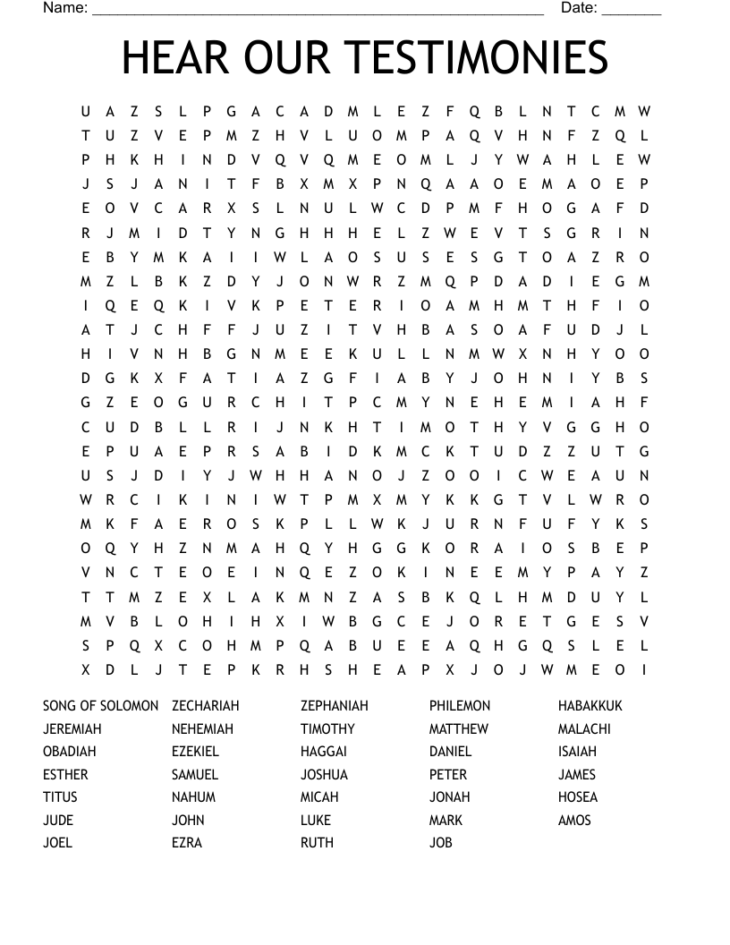 HEAR OUR TESTIMONIES Word Search