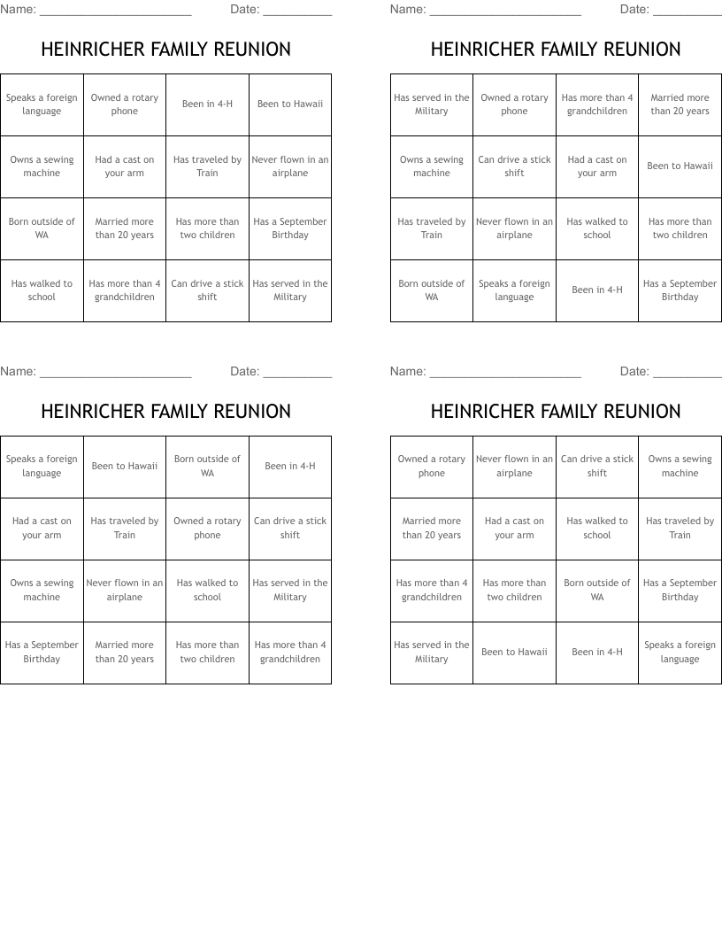 HEINRICHER FAMILY REUNION Bingo Cards