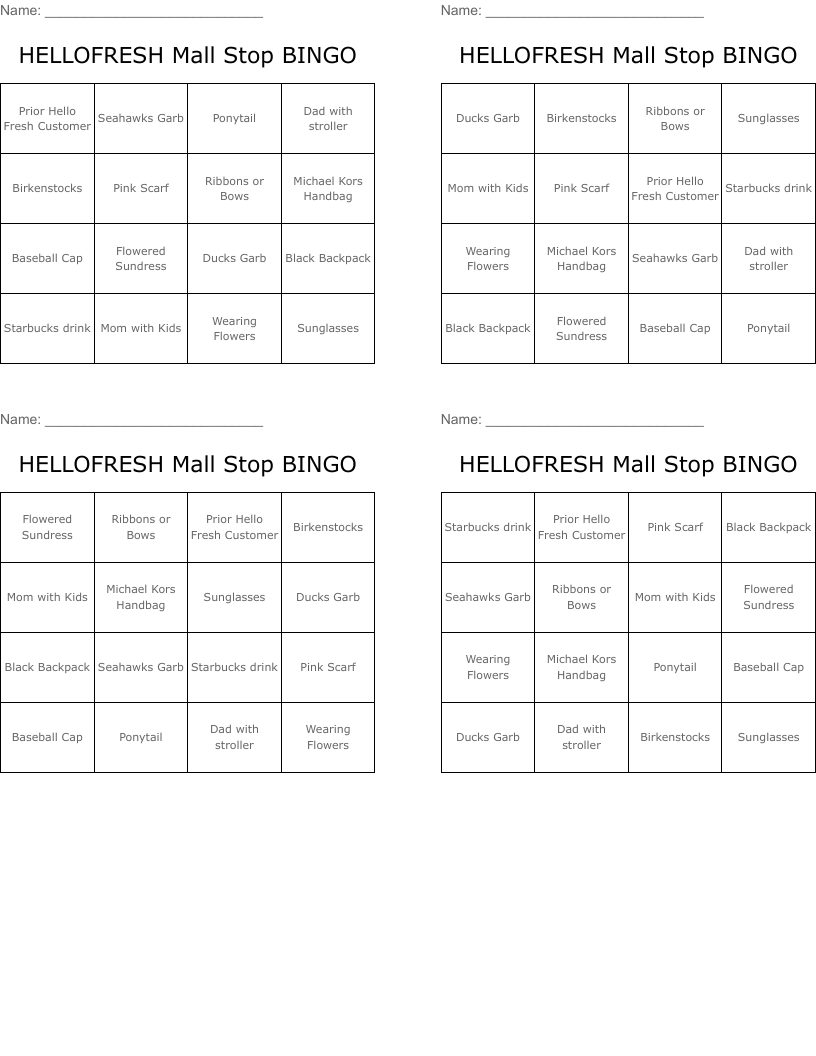 HELLOFRESH Mall Stop BINGO