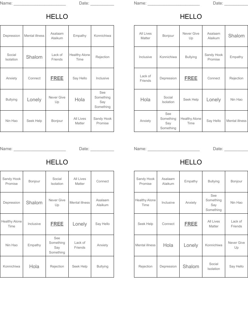 HELLO Bingo Cards