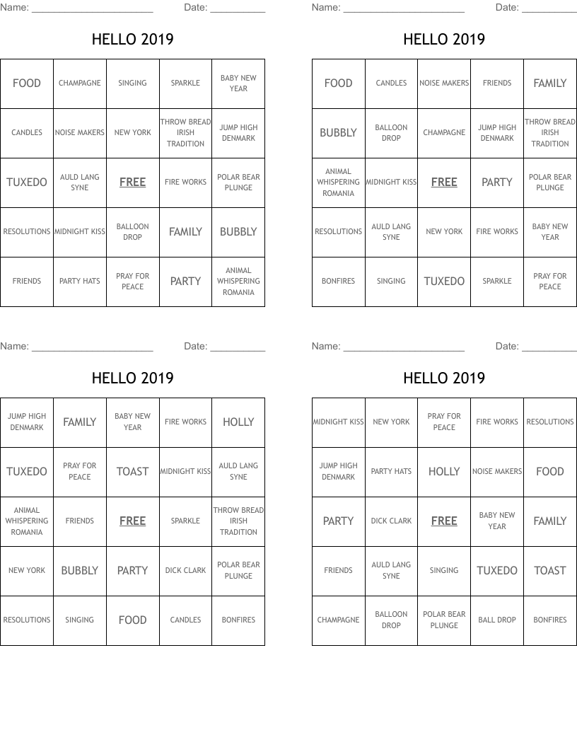 HELLO 2019 Bingo Cards