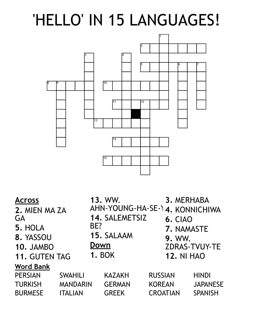 'HELLO' IN 15 LANGUAGES! Crossword