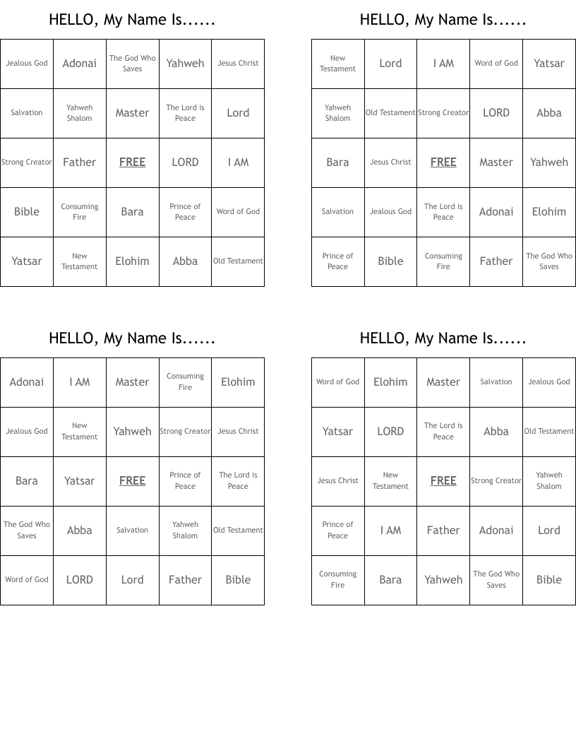 HELLO, My Name Is...... Bingo Cards