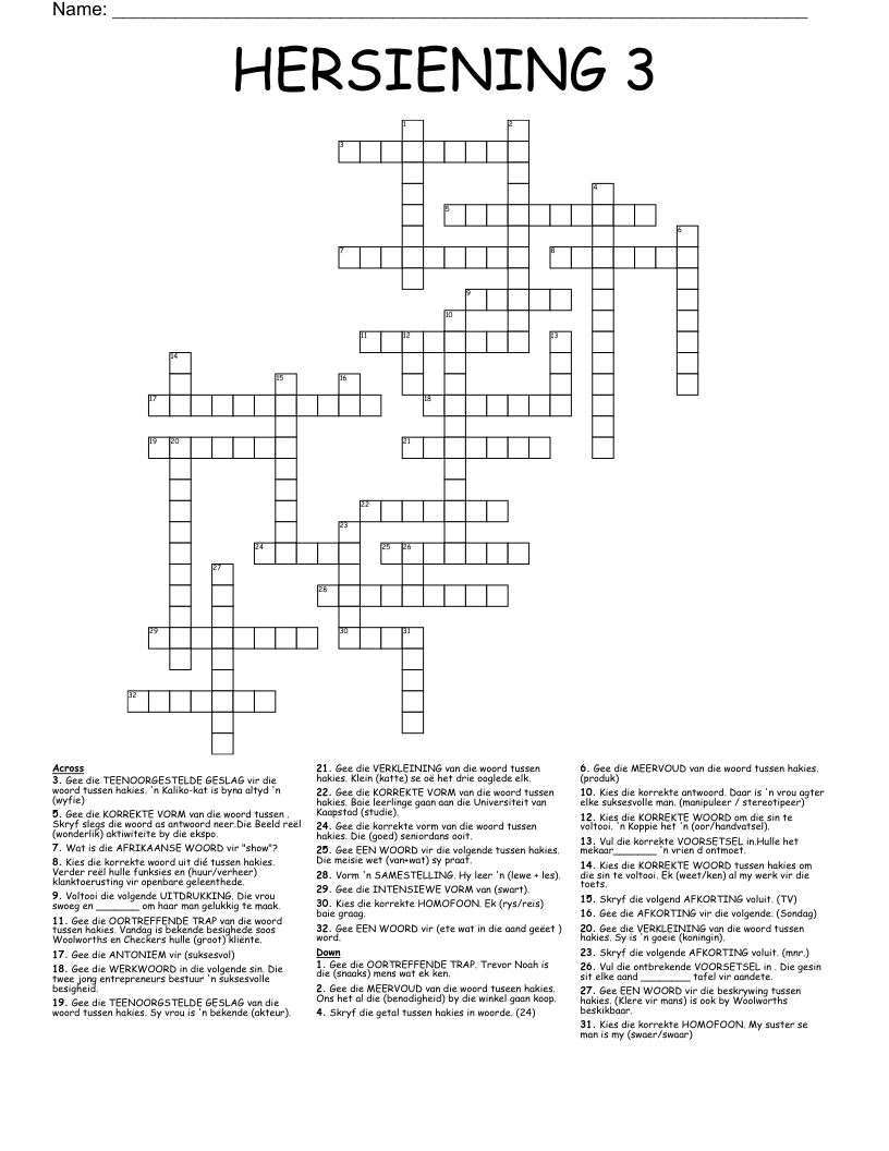 HERSIENING 3 Crossword