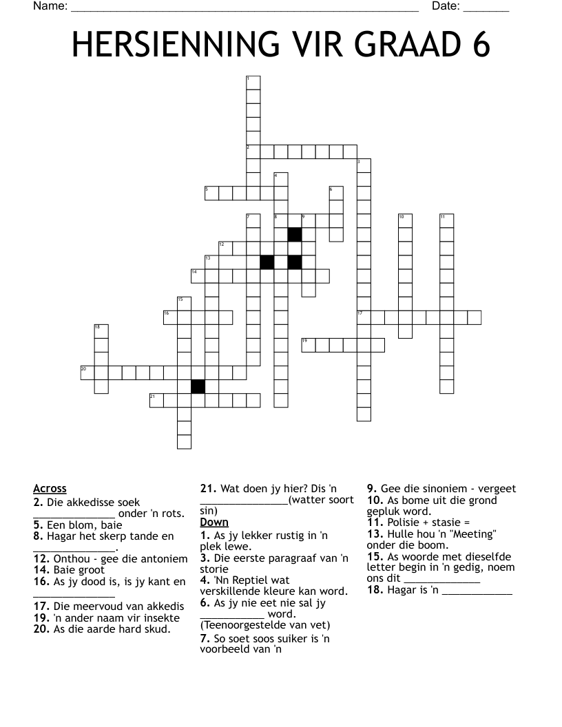HERSIENNING VIR GRAAD 6 Crossword
