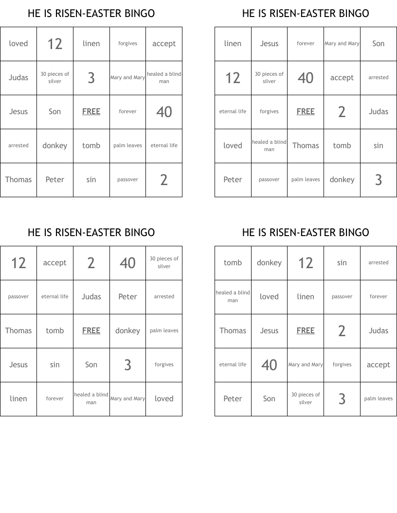 HE IS RISEN-EASTER BINGO