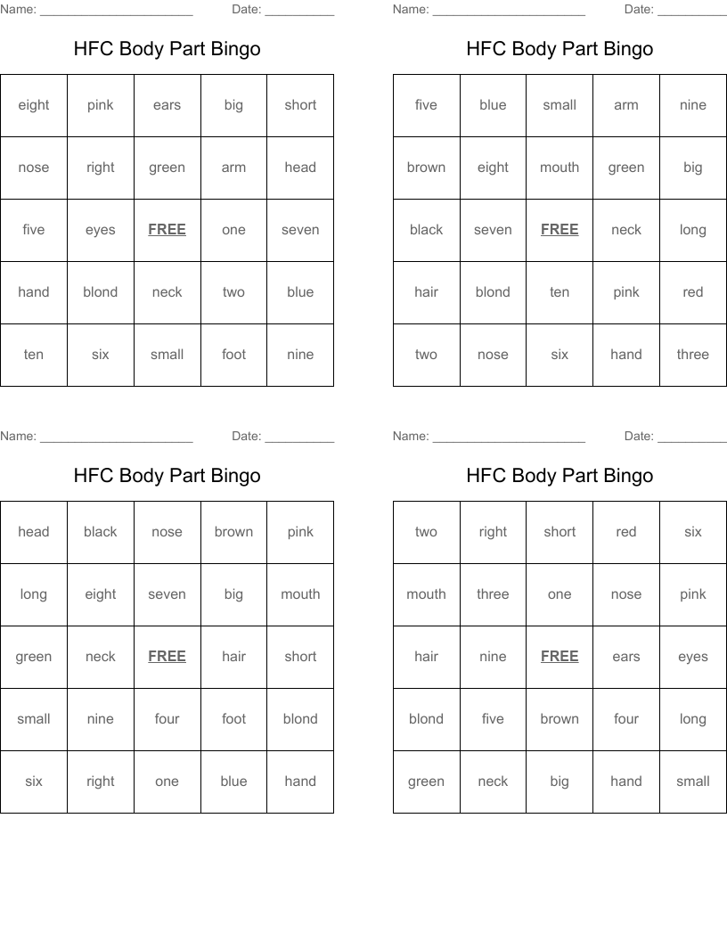 HFC Body Part Bingo