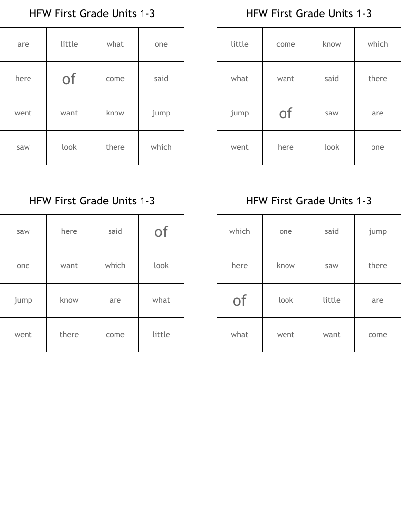 HFW First Grade Units 1-3 Bingo Cards