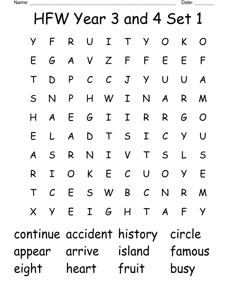 HFW Year 3 and 4 Set 1 Word Search