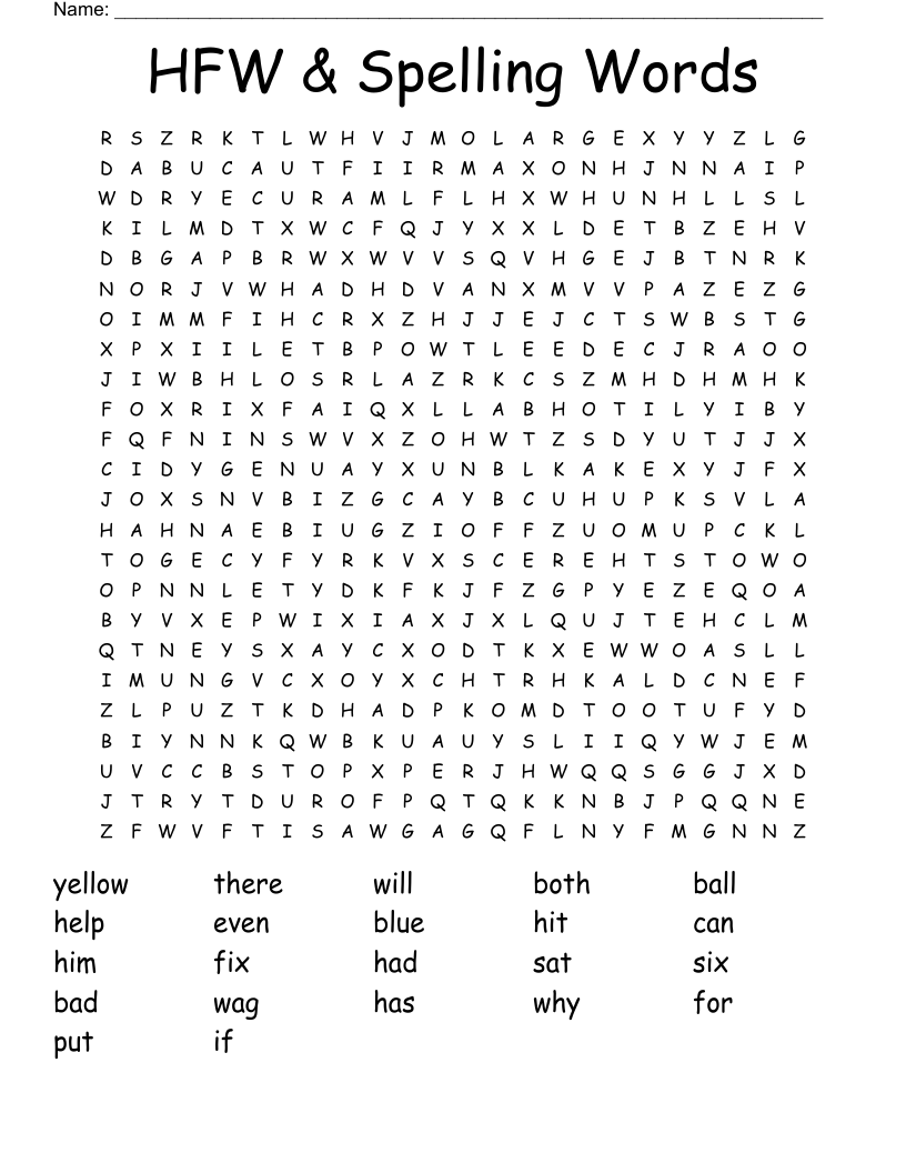 HFW & Spelling Words Word Search