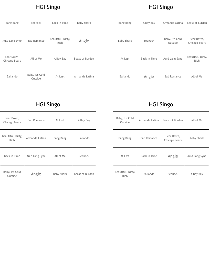 HGI Singo Bingo Cards