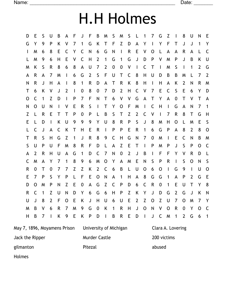 H.H Holmes Word Search