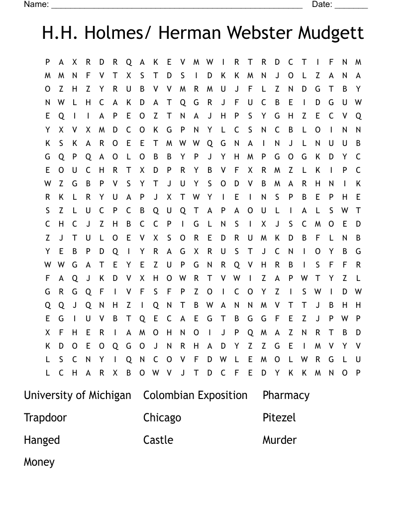 H.H. Holmes/ Herman Webster Mudgett Word Search